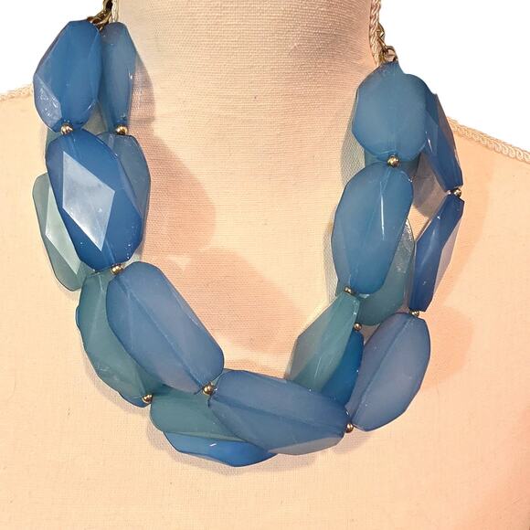 Chunky Blue Beaded Statement Necklace Faceted Acrylic Retro Gold Tone 22" - Picture 1 of 8